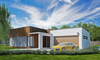 Moderna casa de obra con garaje para dos coches, tejado plano y terraza cubierta.